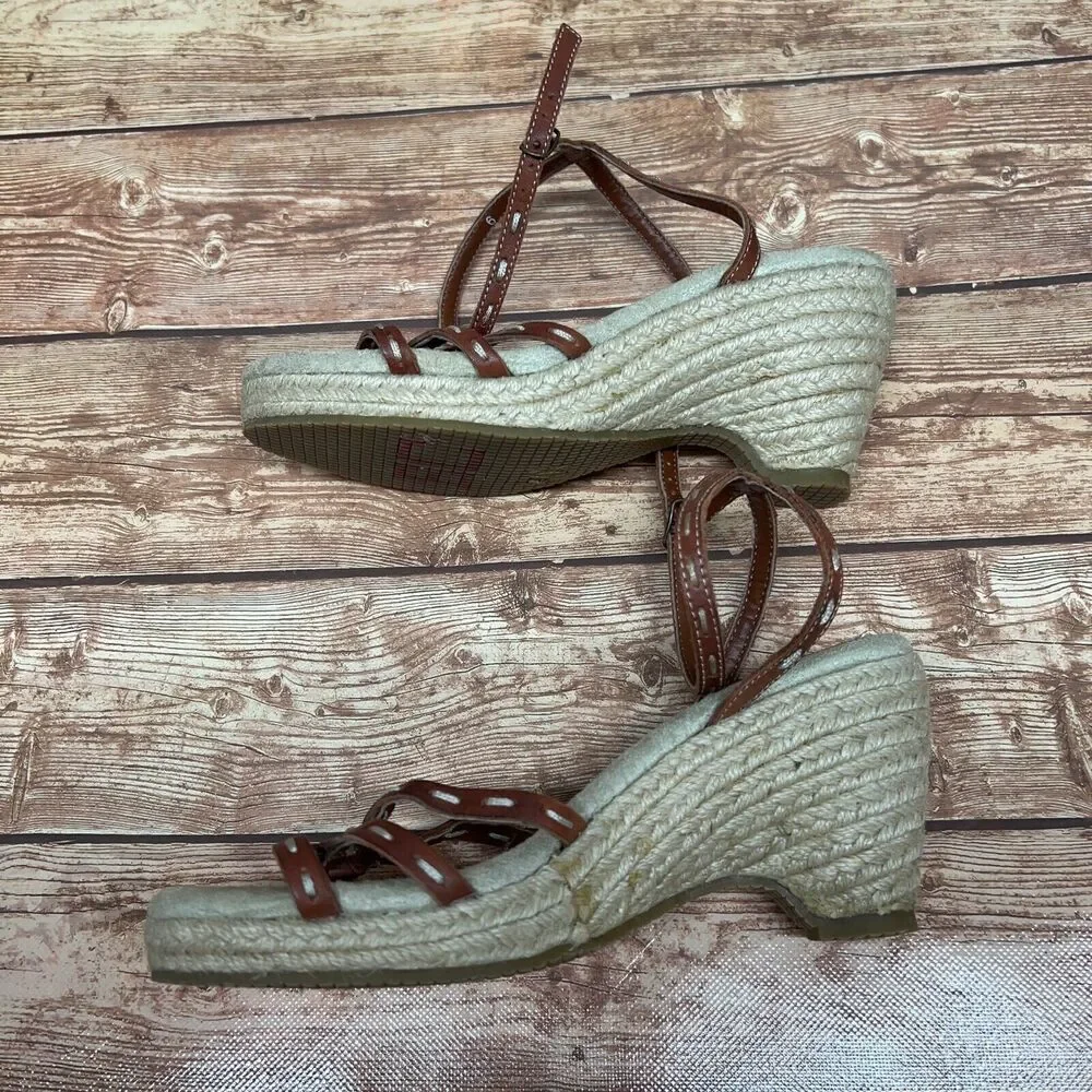 BC‎ Footwear Brown Beige Ankle Strap Espadrille Leather Wedge Sandals Size 6